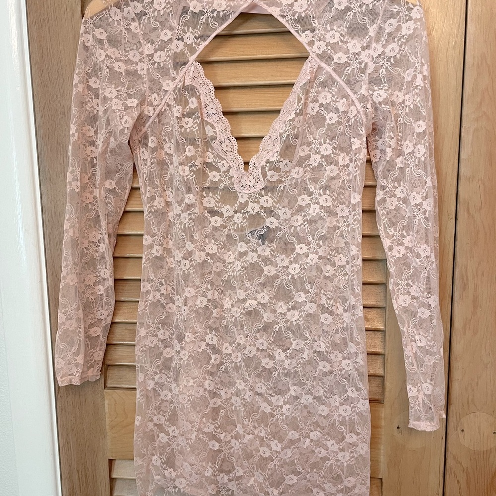 VICTORIA SECRET PINK LACE LONG SLEEVE PINK LINGERIE LOW BACK V NECK SEXY Size L